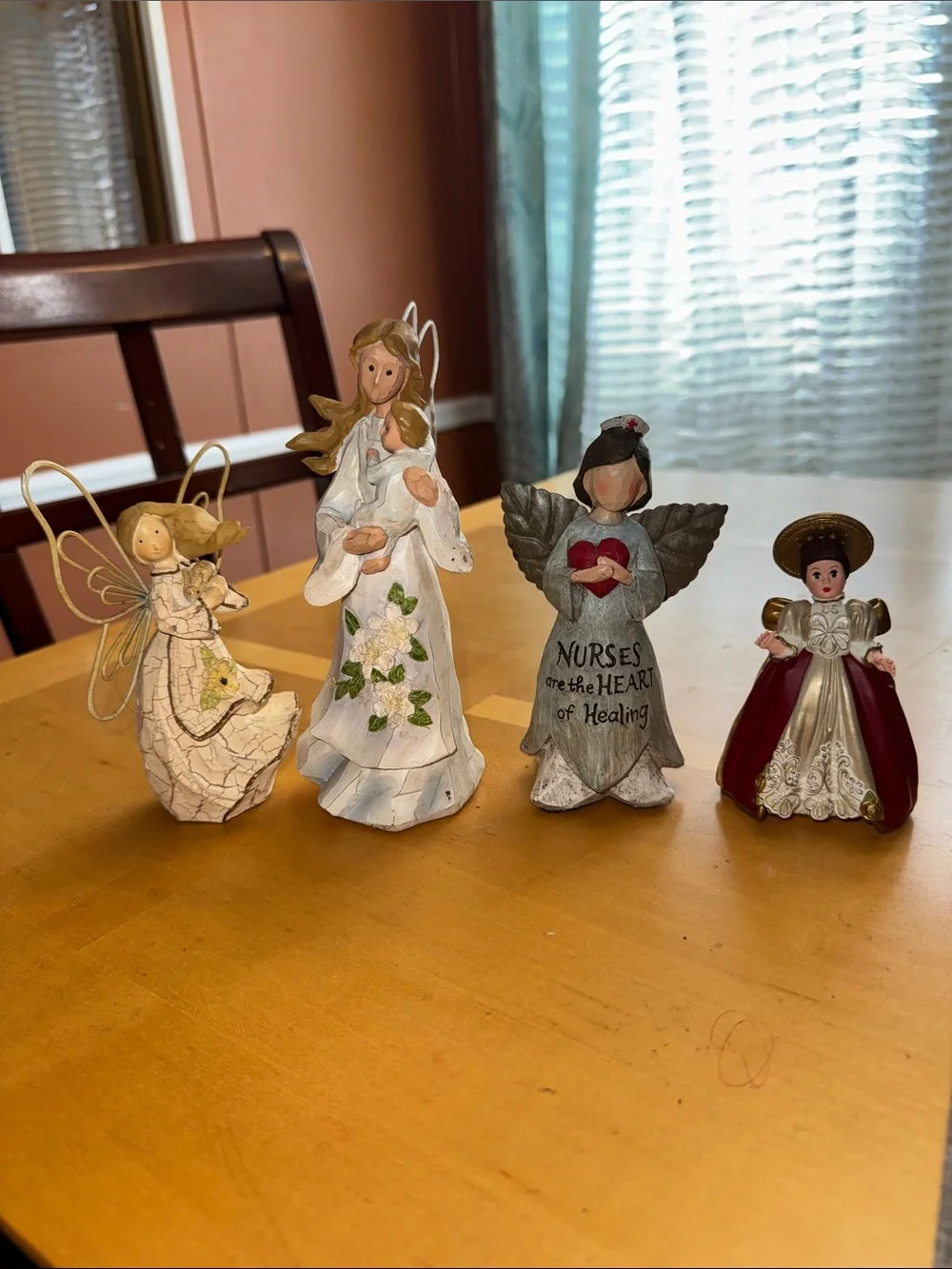 Set of Four Angel Figurine in White, Cream, Gray & Red